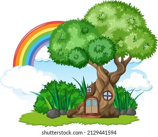 Casa arbórea de fantasía con arco iris en la ilustración del cielo