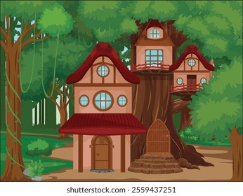 Fantasy Tree House Vector Treehouse Illustrations