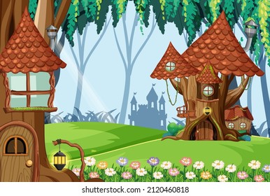 Fantasy tree houses in the forest illustration