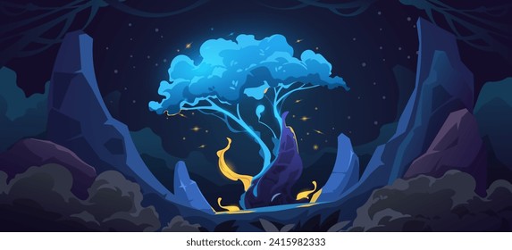 El paisaje arbóreo fantástico. Viejo bosque antiguo con árboles y arbustos, escena de madera antigua con un árbol sagrado de cuento de hadas. Ilustración vectorial. Noche con luminosa planta azul brillante, fauna silvestre