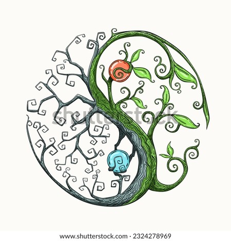 Fantasy tree with leaves on the Yin Yang symbol