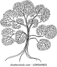 Fantasy tree line art, hand drawn, doodle style