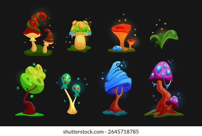 Conjunto de árvores de fantasia. cogumelo mágico, flora alienígena. Jogo de desenho animado elemento, brilhante mundo de fungos psicodélicos. Fundo de floresta bizarro e engraçado. Néon azul natureza assustadora. Ilustração isolada de vetor organizado