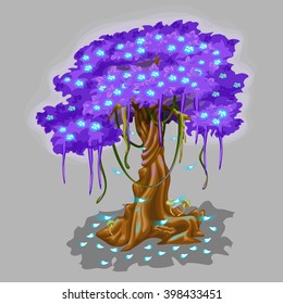 Fantasy tree with a spreading crown isolated on a gray background. Vector illustration.
