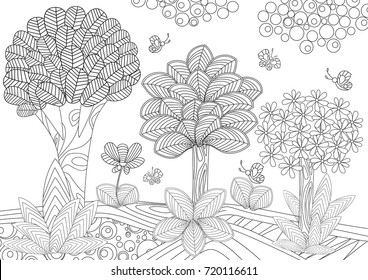 fantasy trees and butterflies for coloring book 