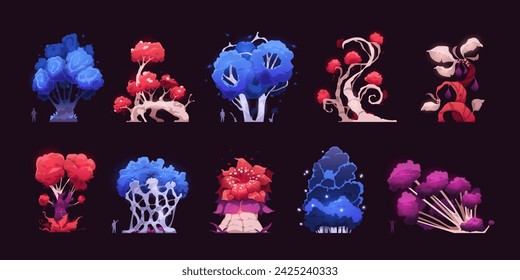 Fantasy trees. Cartoon bizarre forest with strange branches and leaves, comic bizarre flora icons for UI game design. Vector isolated set. Glowing plant with blooming flowers and colorful foliage