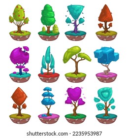 Fantasy trees of different shapes vector illustrations set. Cartoon drawings of green, blue, purple and red trees isolated on white background. Fantasy, fairytale, nature concept
