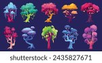 Fantasy trees. Magic forest plants, luminous glowing garden elements, fairytale flora, strange nature, UI game design. Mystical alien nature, unusual flora tidy vector cartoon isolated set