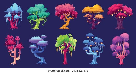 Árboles de fantasía. Plantas de bosque mágicas, luminosos elementos de jardín brillantes, flora de cuento de hadas, naturaleza extraña, diseño de juego UI. Naturaleza alienígena mística, flora inusual ordenada vector de dibujos animados conjunto aislado