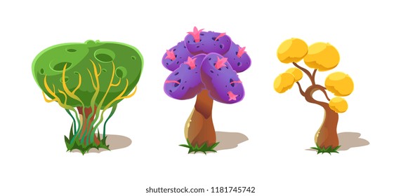 Fantasy trees, nature landscape elements for mobile or computer games vector Illustration