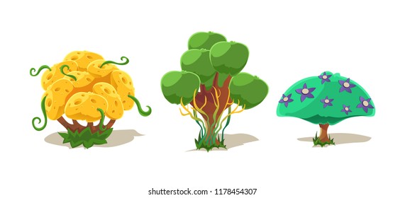 Fantasy trees and plants, nature landscape elements for mobile or computer games vector Illustration Vektor Stok