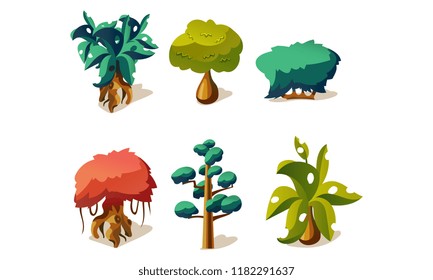 Fantasy trees and plants set, user interface assets for mobile apps or video games details vector Illustration on a white background