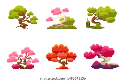 Fantasy Trees Set, Fairytale Nature Landscape Elements, Game User Interface Assets Vector Illustration