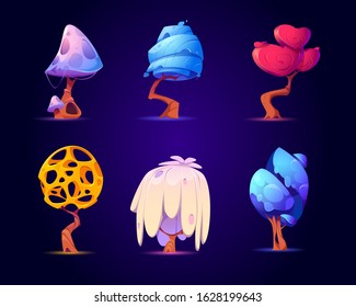 Fantasy trees for ui game about alien magic world. Vector cartoon set of fantastic mushroom, unusual trees with crown with holes, heart or fungus shape isolated on dark background