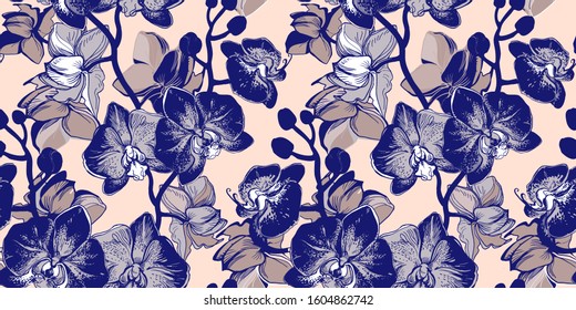 Fantasy tropical floral seamless  pattern with  hand-drawn flowers in trendy color 2020 phantom blue on  light pink beige background. Perfect for fashion fabric, wallpaper & prints of textile.