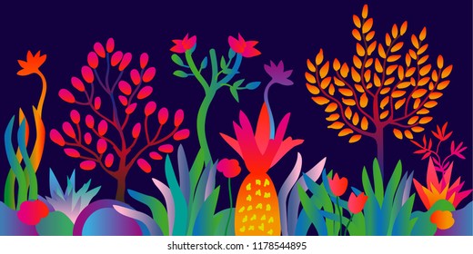 Fantasy tropical forest. Colorful pattern with abstract autumn trees and blooming plants. Trendy design for textile and cards. Gradient border on dark blue background.