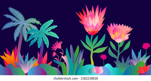 Fantasy tropical jungle. Colorful pattern with abstract lotus flowers, palm trees and other plants. Trendy design for textile and cards. Gradient border on dark blue background.