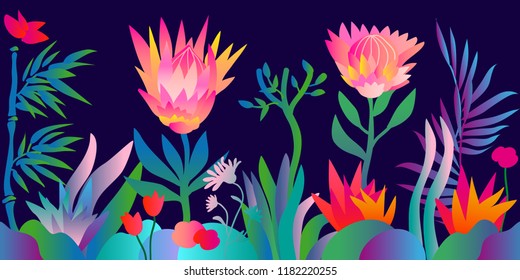 Fantasy tropical jungle. Colorful pattern with abstract lotus flowers, bamboo and other plants. Trendy design for textile and cards. Gradient border on dark blue background.