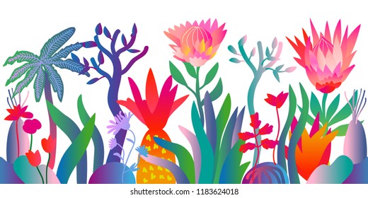 Fantasy tropical jungle. Colorful pattern with abstract lotus flowers, palm trees and other plants. Trendy design for textile and cards. Gradient border on white background.