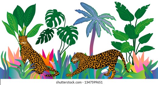 Fantasy tropical jungle. Vector border with leopards and exotic plants white background. Ethnic design collection. Trendy illustration for cards, covers and textile.