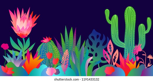 Fantasy tropical landscape. Colorful pattern with abstract cacti, lotus flowers, palm trees and other plants. Trendy design for textile and cards. Gradient border on dark background.