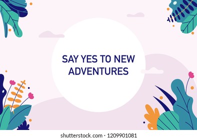 Fantasy tropical leaves background in flat style.
Summer or autumn lamdscape. Background template for text, web site, card.