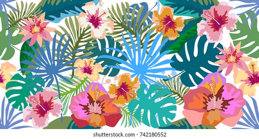 Fantasy tropical paradise. Seamless vector pattern with palm leaves and exotic flowers. Flourish panoramic print with Hawaiian motifs. On white background. Retro textile collection.