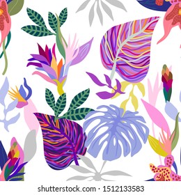 Fantasy Tropical Print. Seamless vector pattern with monstera leaves and colorful flowers. Swimweat textile collection. On white background.