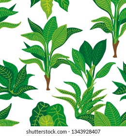 Fantasy tropical rainforest. Seamless vector pattern with palms and other plants. Aloha textile collection. On light background.