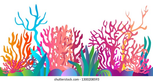 Fantasy tropical reef. Colorful pattern with abstract corals and seaweed. Trendy design for textile and cards. Gradient border on white background.