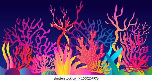 Fantasy tropical reef. Colorful pattern with abstract corals and seaweed. Trendy design for textile and cards. Gradient border on blue background.