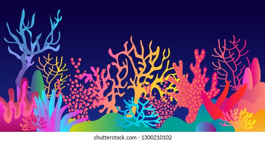 Fantasy tropical reef. Colorful pattern with abstract corals and seaweed. Trendy design for textile and cards. Gradient border on dark background.