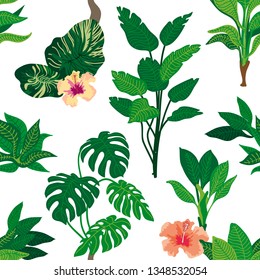 Fantasy tropical summer garden. Seamless vector pattern with palms, hibiscus flowers and other plants. Aloha textile collection. On white background.