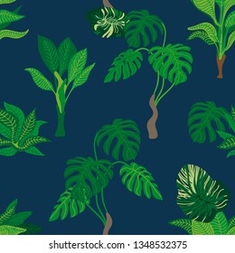Fantasy tropical summer garden. Seamless vector pattern with palms and other plants. Aloha textile collection. On dark background.