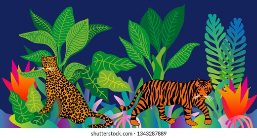 Fantasy tropical world. Vector border with tiger, leopard and exotic plants. Ethnic design collection. Trendy illustration for cards, covers and textile. On blue background.