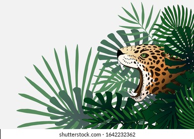 Fantasy tropical world. Vector border with leopard and exotic plants. Ethnic flayer frame corner design. Trendy illustration for pasteboards, flayers, posters and cards