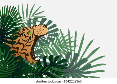 Fantasy tropical world. Vector border with tiger and exotic plants. Ethnic flayer frame corner design. Trendy illustration for pasteboards, flayers, posters and cards