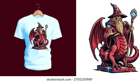 Um design de camiseta de fantasia com um dragão bruxo segurando uma equipe mágica, com runas brilhantes, faíscas, cachos de chamas e uma armadura mística detalhada. A paleta rica, formas míticas e fantasia dramática 