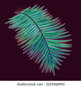 Fantasy turquoise leaf of coconut palm with pink neon glowing backlight. Detailed illustration in vintage style for night party decoration.