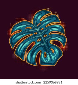 Fantasía turquesa Monstera planta hoja con neón naranja brillando la luz de fondo. Ilustración detallada de estilo vintage para la decoración nocturna.