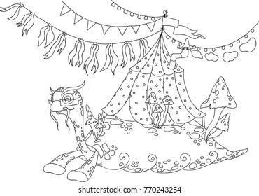 A fantasy turtle is carrying the circus on its back. Vector EPS 10 hand  drawn line art.