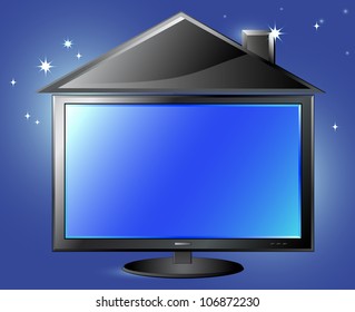 fantasy TV screen and house silhouette on night sky background and space for text