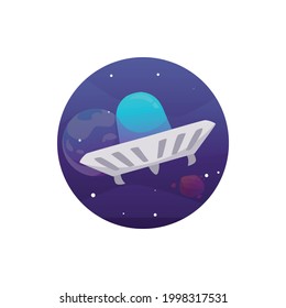 Fantasy UFO alien spaceship or spacecraft, flat vector illustration isolated on white background. Circle sticker with Ufo space shuttle flying in the sky.