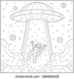 Fantasy ufo kidnap astronaut in the sky. Learning and education coloring page illustration for adults and children. Outline style, black and white drawing