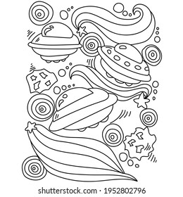 Fantasy UFO in open space, coloring page with various space objects vector illustration