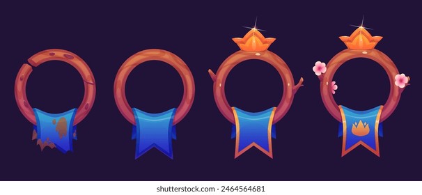 Fantasy ui game circle avatar rank level frame. Round interface border button design. Medieval gui badge ring asset kit. Royal achievement emblem award. Wooden circular rpg title progress banner.