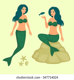  fantasy underwater  illustration, vector sea mermaid 