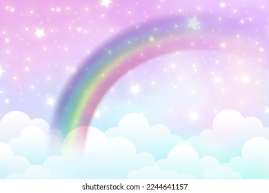 Fantasy unicorn background with clouds on rainbow sky. Magical landscape, abstract fabulous wallpaper with stars and sparkles. Arched realistic spectrum. Vector