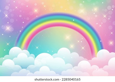 Fantasy unicorn background with clouds on rainbow sky. Magical landscape, abstract fabulous wallpaper with stars and sparkles. Arched realistic spectrum. Vector