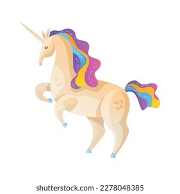 Fantasy unicorn with colorful mane and tail on white background cartoon vector illustration